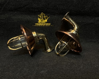 Weathered Ship Bulkhead Brass Wall Lights Pair Vintage Marine Cage Lamp Coastal Porch Decor