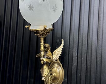 Seltene Viktorianische Meerjungfrau Wandleuchte Antike Messing Frosted Globe Dekorative Art-Deco-Beleuchtung