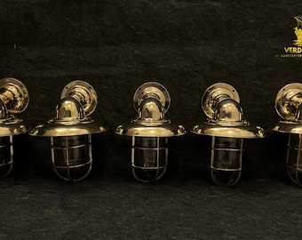 Juego de 5 apliques de pared náuticos de latón vintage – Lámpara de mamparo marina, aplique industrial costero