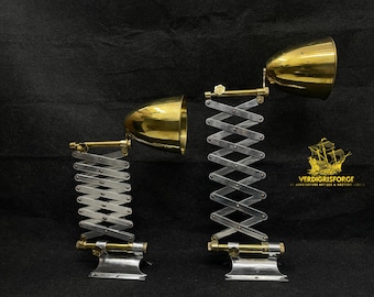 Vintage Industrielles Scheren-Wandlampenpaar, verstellbarer Messing-Aluminium-Wandleuchter, Steampunk-Beleuchtungsdekor