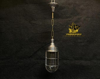 Industrial Aluminum Ceiling Pendant Light with Brass Chain, Nautical Cage Glass Hanging Fixture
