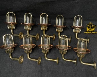 10 PCS Retro Brass Bulkhead Wall Fixture – Vintage Maritime Sconce with Copper Shade Design