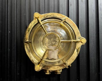 Industrial Bulkhead Lamp Brass Finish with Target Cage, Marine Inspired Lighting for Modern Homes