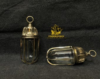 Vintage Brass Ceiling Pendant Light Pair, Marine Glass Hanging Fixture, Nautical Coastal Home Lighting