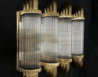Modern Vintage Wall Sconce 4 PCS, Brass Ribbed Glass Light, Art Deco Bathroom Lighting
