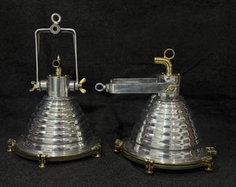 Nautical Pendant Light Pair, Vintage Aluminum Brass Hanging Cargo Lamp, Marine Ceiling Light Decor