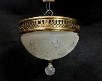 Rare Vintage Art Deco Ceiling Light Fixture Brass Frosted Crystal Star Cut Glass Lamp