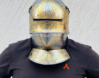 German Sallet Helmet with Bevor – 18 Gauge Steel Knight Armor (Cosplay, LARP)