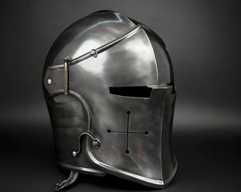 Casco de caballero Barbuta Cosplay – Casco de armadura completa de acero estilo italiano para LARP, cosplay y recreación histórica.