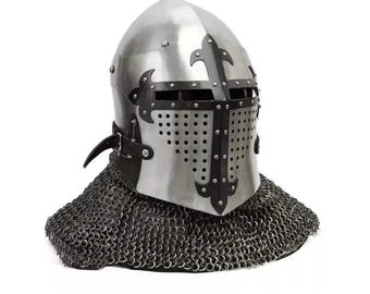 LARP Guardian Helmet Blackened Cross Bascinet Armor Medieval Knight Helmet with Chainmail Aventail