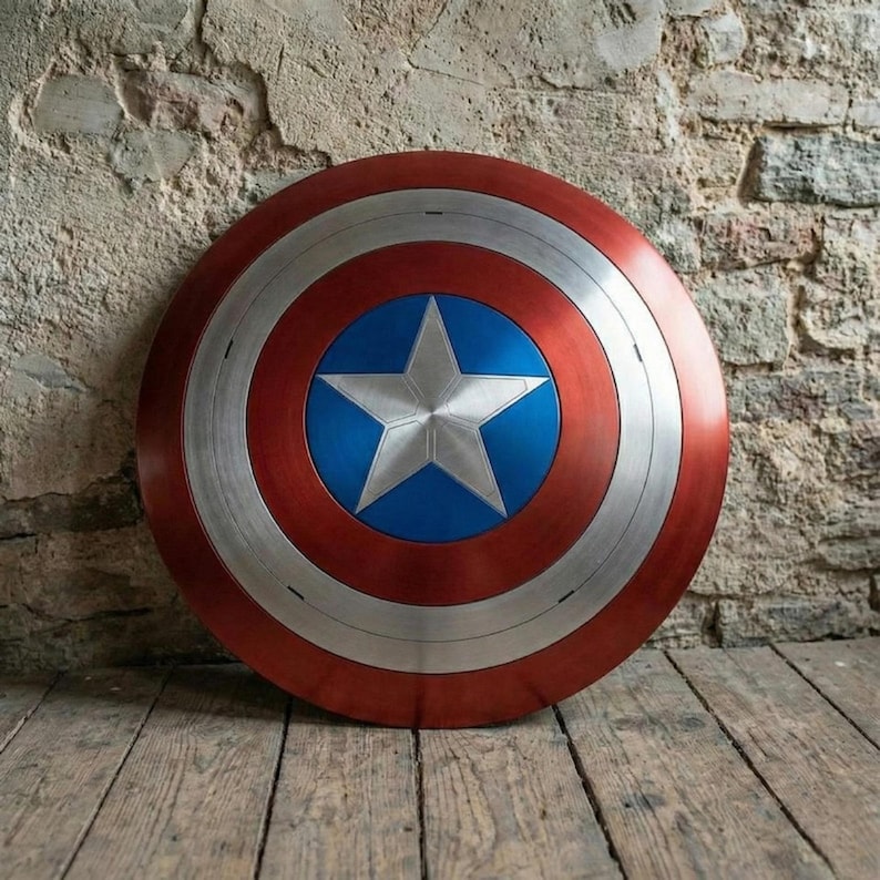 May include: A circular shield in red, silver, and blue, featuring a silver star at its centre. The shield is resting on a wooden surface. The shield's design is reminiscent of a superhero's emblem.