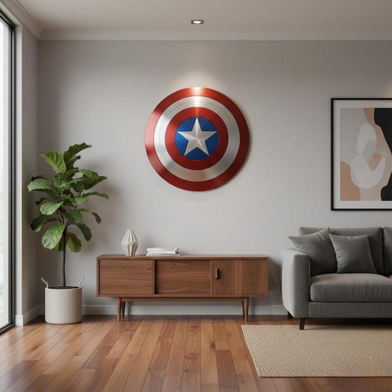 May include: A Captain America shield, a circular emblem with a red, white, and blue color scheme, hangs on a gray wall. The shield features a white star on a blue circle, surrounded by silver and red concentric rings. The shield is a decorative item.