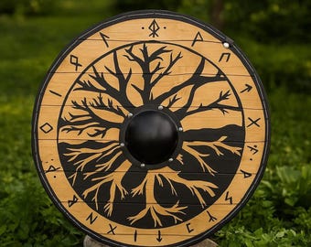 Wooden Handmade Tree of Life Viking Shield: Norse Wooden Decor & Reenactment