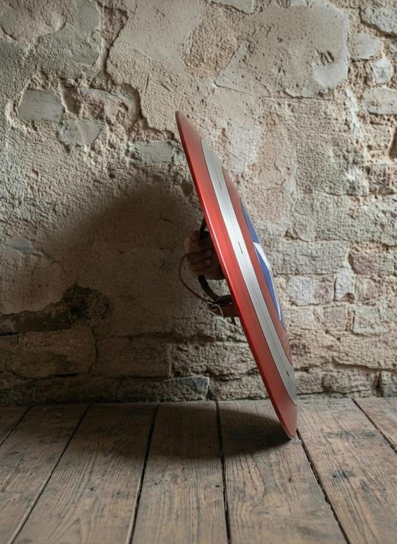 May include: Red, white, and blue Captain America shield with a white star in the center. The shield has a red outer ring, a silver inner ring, and a blue center. The shield is held by a hand, and the background is a textured stone wall.