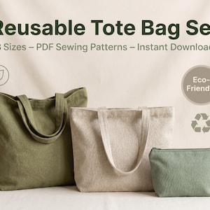 Könnte beinhalten: Ein Set aus drei wiederverwendbaren Tragetaschen in verschiedenen Größen, in Grün- und Beigetönen. Der Text auf dem Bild lautet "Reusable Tote Bag Set" und "Eco-Friendly".