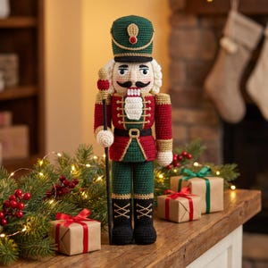 Pode incluir: Um boneco quebra-nozes de crochê com um chapéu verde com acabamento dourado, uma jaqueta vermelha com detalhes dourados, calças verdes e botas pretas. A figura tem cabelo branco, um bigode preto e segura um bastão preto alto e fino.
