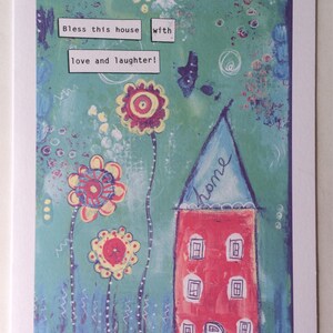 Bendice esta casa con amor y risa - A5 tarjeta en blanco de pintura de técnica mixta Original