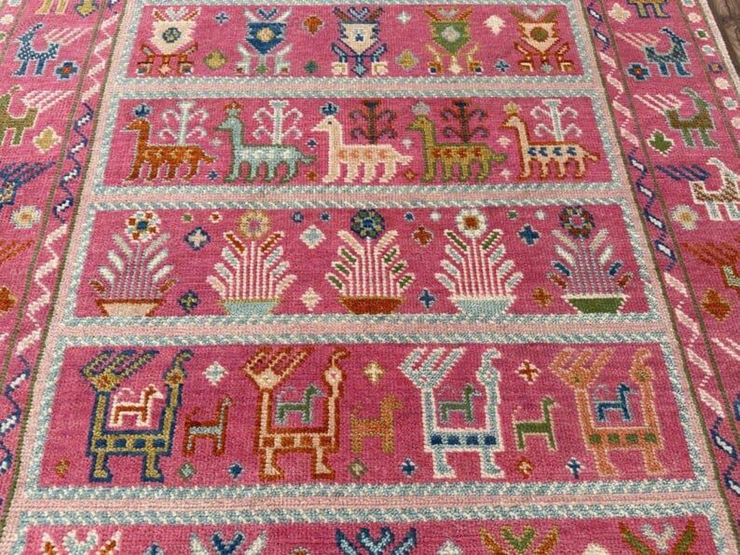 Wool Abstract Animal Pattern Rug Pink Hand Tufted Wool Rug, Tribal Animal Pattern Rug, Boho Moroccan ...