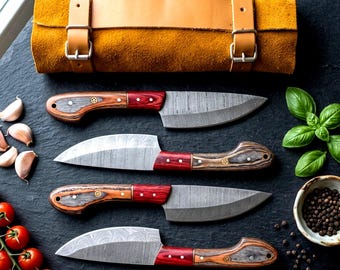 Handmade Damascus Steel Steak Knife Set of 4 , Custom BBQ Grilling Knives, Anniversary & Groomsmen Gifts for Men