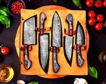 Hand-Forged Damascus Steel Chef Set: Red Pakka Wood Handles, 5pc Kitchen Knife Gift for Birthdays Weddings, Anniversaries & Special Holidays