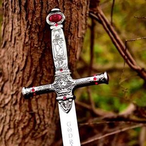 May include: A decorative sword with a silver handle and blade. The handle is intricately designed with embossed patterns and red jewel accents. The blade has the word "GODR" engraved on it. The sword is displayed against a blurred natural background.