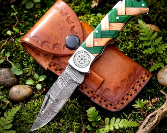 Handmade Damascus Pocket Knife Custom Groomsmen Gift Anniversary Gift for him Dad Husband Personalized Gift for Men Christmas Gift for him