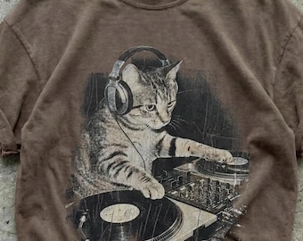 DJ Cat Graphic Tee - Comfort Colors Retro Music Lover T-Shirt