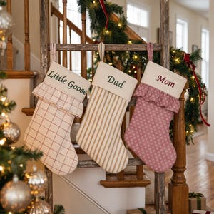 Personalized Christmas Stocking, Embroidered Name, Gingham Plaid, Scalloped Lace Cuff