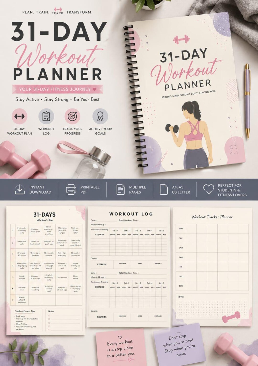 Workout Planner Printable PDF | Fitness Tracker Planner | Workout Log ...