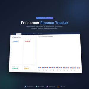 Könnte beinhalten: Digitaler Download-Grafik mit dem Text "Freelancer Finance Tracker" und Finanzdaten, die auf einem Computerbildschirm angezeigt werden. Der Bildschirm zeigt Einnahmen, Ausgaben und ein Dashboard. Der Hintergrund ist dunkelblau.