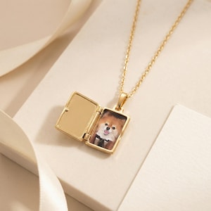 May include: A gold-colored rectangular locket necklace with a small, detailed portrait of a dog inside. The locket is open, revealing the image, and hangs from a delicate chain. The background is a soft, neutral color.