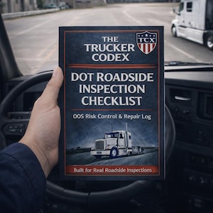 Könnte beinhalten: Ein Buch mit dem Titel "The Trucker Codex" mit dem Text "DOT Roadside Inspection Checklist" und "OOS Risk Control & Repair Log". Das Cover zeigt eine Illustration eines Sattelzugs und den Text "Built for Real Roadside Inspections".