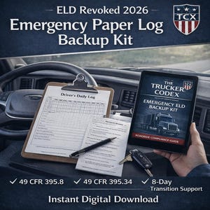 Könnte beinhalten: Bild eines digitalen Notfall-Papierprotokoll-Backup-Kits mit dem Text "ELD Revoked 2026" und "Emergency Paper Log Backup Kit". Das Bild enthält einen Klemmbrett mit einem täglichen Fahrtenbuch, ein Tablet und einen Autoschlüssel.