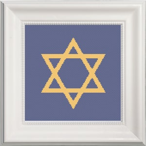 Może przedstawiać: Żółta sześcioramienna gwiazda, znana również jako Gwiazda Dawida, na niebieskim tle. Gwiazda jest symbolem judaizmu.