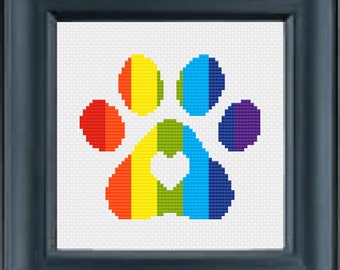 Rainbow Paw Print with Heart {Dog or Cat} Small {4 x 3.6"} Cross Stitch Pattern -- Instant Digital PDF Download