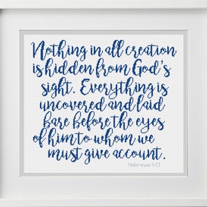 Bible Verse Cross Stitch Pattern Hebrews 4:13 &quot;Nothing in all creation is hidden from God&#39;s sight...&quot; --Instant Digital PDF Download