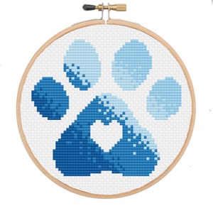 Paw Print with Heart Ombre Color Fade Blue {Chien ou Chat} Petit {4 x 3.6"} Modèle de point de croix - Téléchargement PDF numérique instantané