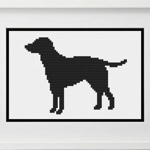 May include: Black silhouette of a dog standing on a white background.
