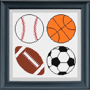 May include: Four different sports balls: a white baseball with red stitching, an orange basketball with black lines, a brown football with white laces, and a black and white football.