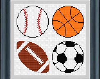 Sports Sampler--Baseball, Basketball, Football, and Soccer ball Cross Stitch Pattern -- Instant Digital PDF Download!