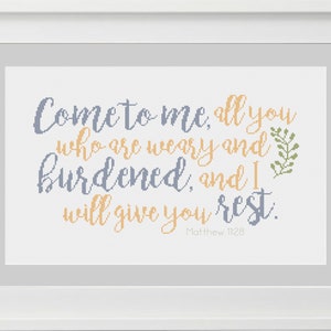Bible Verse Cross Stitch Pattern Matthew 11:28 &quot;Come to me, all you who are burdened...&quot; -- Instant Digital PDF Download