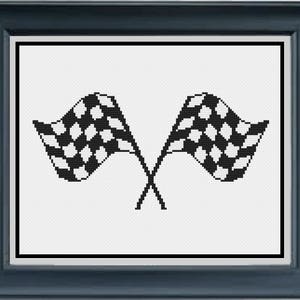 May include: Two black and white checkered flags crossed at the center, with the ends of the flags pointing outwards.