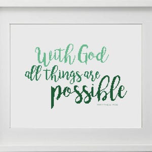 Bibel Vers Kreuzstich Muster Matthäus 19,26 "Mit Gott sind alle Dinge möglich" - Sofortiger digitaler PDF-Download."