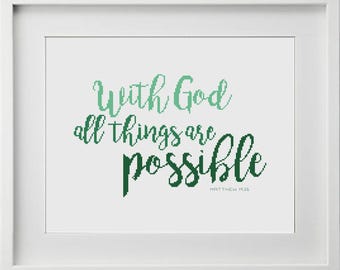 Bible Verse Cross Stitch Pattern Matthew 19:26 "With God all things are possible" -- Instant Digital PDF Download