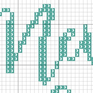 May include: Teal blue cross stitch pattern with a design of crescent moons forming the letters "C D".
