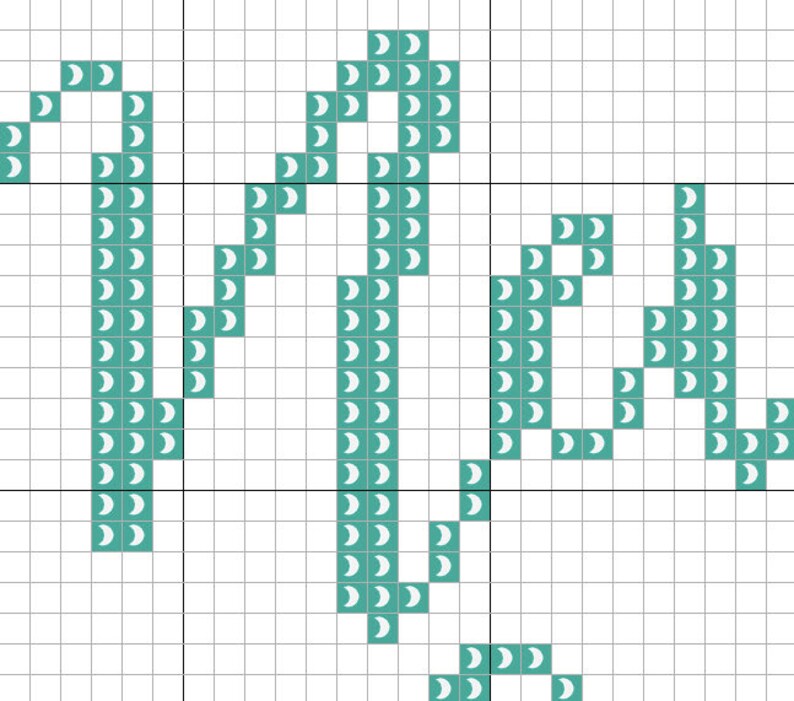 May include: Teal blue cross stitch pattern with a design of crescent moons forming the letters "C D".