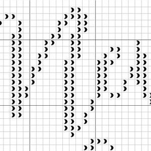 May include: Black and white pixel art design of a stylized letter 'C' with a curved shape. The letter is made up of small black circles.