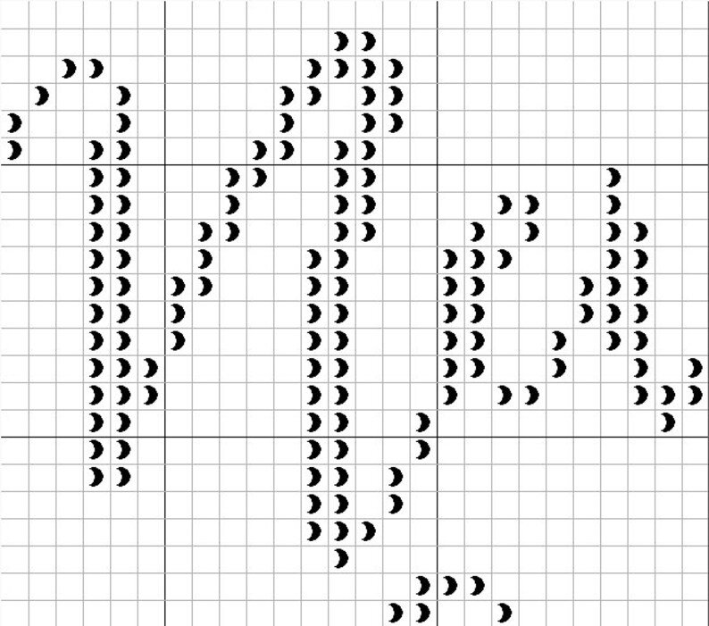 May include: Black and white pixel art design of a stylized letter 'C' with a curved shape. The letter is made up of small black circles.