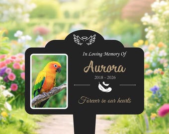 Paletto commemorativo personalizzato per uccelli, lapide personalizzata per uccelli, cartello con foto di animali domestici, tributo per la perdita di un animale domestico, regalo per la perdita di un uccello, regalo di condoglianze con foto, decorazione da giardino