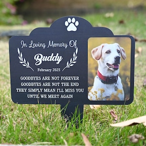 以下が含まれることがあります： 上部に白い肉球のアイコン、In Loving Memory Of Buddy, February 2025の文字、詩、そして右側に赤い首輪をした白い犬のカラー写真がプリントされた、黒い長方形のメモリアルガーデンステーク。